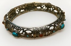 Barzel Silver Plated Stretch Cuff Bracelet Bangle Turquoise & Amber Stones Boho