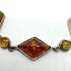 Vintage Diamond and Mini Round Shape Natural Baltic Amber Silver Bracelet 7.5”