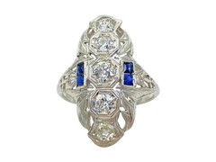 Belais 1.5cttw Diamond Blue Sapphire 18k Gold Shield Ring Antique Art Deco 1920s