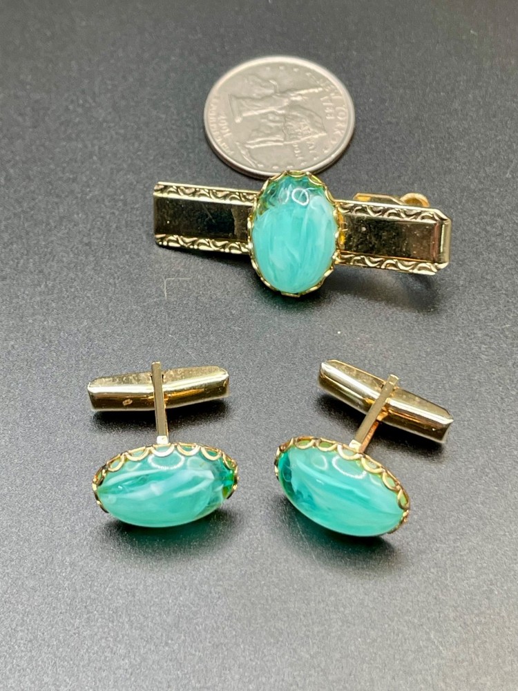 Vintage Gold Tone Aqua Mint Swirl Lucite Cufflinks Tie Bar Set 1950s MCM