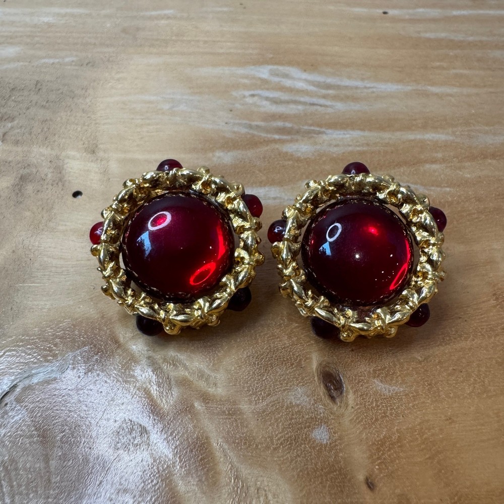 Vintage Ruby Red Glass Cabochon Gold Tone Ornate Statement Stud Earrings