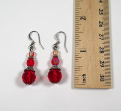Vintage Red Faceted Bead Dangle Earrings Silver Tone Hook