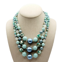 Aqua Teal Blues Multi Color Graduated Triple Strand Bead Vtg MCM Necklace Japan