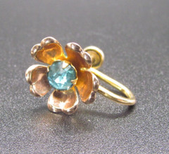 Van Dell Rose Petal Earrings Turquoise Blue Rhinestone Screw Back 12K GF Vintage