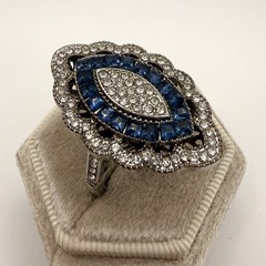 Vintage Art Deco Revival Blue Rhinestone Navette Cocktail Ring Silver Tone 9.75