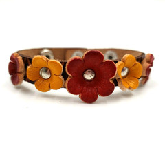 Peasant Leather Flower Cuff Bracelet Adjustable Handmade Boho Country Cottage