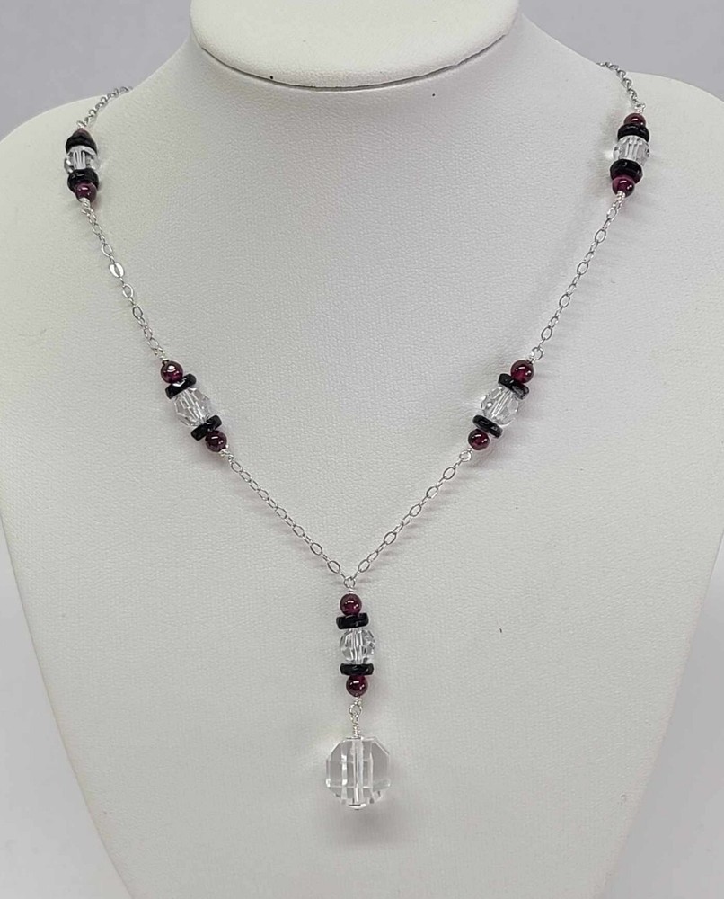 Sterling Silver Rock Quartz Crystal Cranberry Garnet Lavalier Pendant Necklace