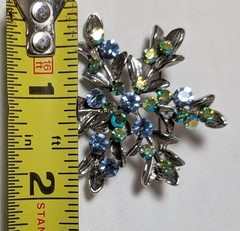 Vintage Silver Tone Snowflake Brooch Green & Blue Rhinestones 2″