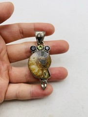 Vintage Sterling Silver 925 Peridot Smoky Topaz Gemstone Ammonite Fossil Pendant