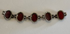 Vintage Lucite Oval Shaped Red Confetti Cabochons Silver Plated Metal Bracelet