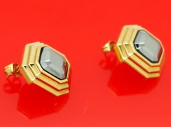 Vintage Lanvin Germany Octagonal Gold Plate w/ Hematite Pierced Earrings Rare