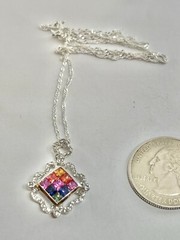 Vintage Rainbow Color Faceted Square Sterling 925 Diamond Shape Pendant Necklace