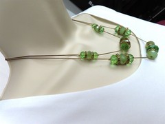 Crystal Glass Bead Necklace Celadon & Green Peridot Color Double Strand Gold Tne