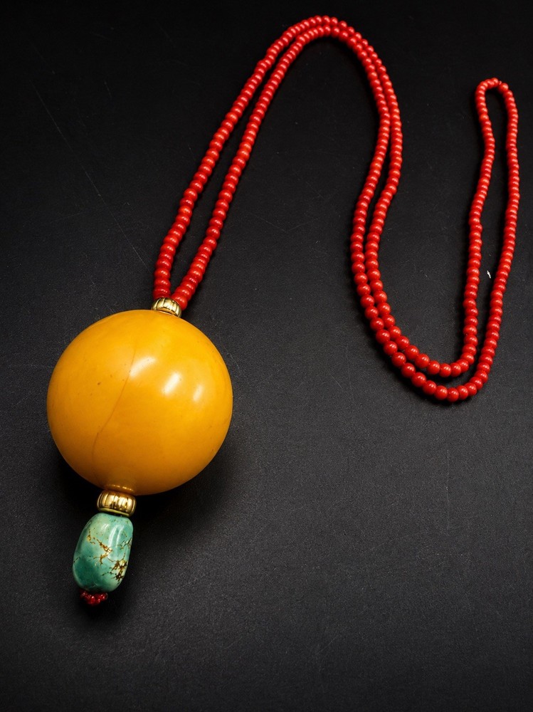Natural Baltic Amber Pendant Necklace Red Coral Strand Turquoise