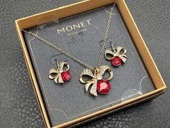 Vintage Monet 90s Gold Tone Red Crystal Bow Necklace & Earring Set in Box