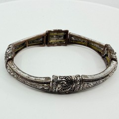 VTG Antique Silver Tone Clear Rhinestone Swirl Art Deco Stretch Bangle Bracelet