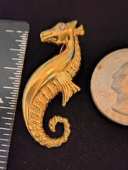 Vintage Monet Gold Tone Seahorse Brooch Rhinestone Eye Nautical Coastal Beach