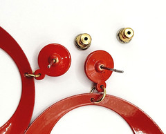 Large Metal Hoop Red Black White Enamel Hand Painted Pierced Vintage Earrings