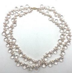 Vintage 14K Clasp Rice Pearl & Crystals Two Strands Necklace 18” Long