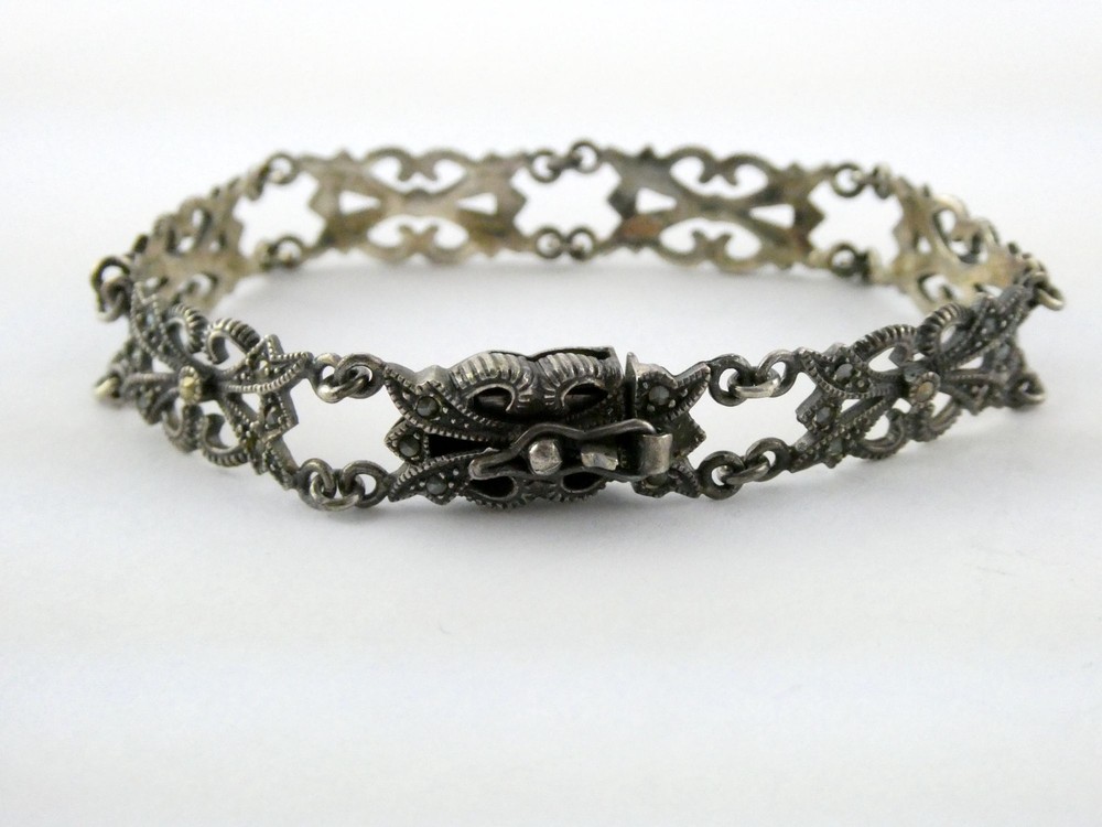 Vintage Sterling Silver Ornate Link Motif Bracelet Marcasite Accents 6.5In 13.9g