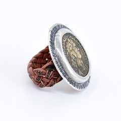Vintage Sterling Silver 925 Alexander Severus Coin Ring with Braided Leather Ban