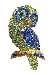 Vintage Gold Tone Owl Brooch Blue & Green Rhinestone Crystal Bird Pin Statement