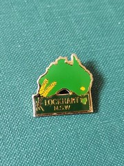 Australia Lockhart Brooch Pin Gold NSW Tone Green Unsigned Enamelware 1″