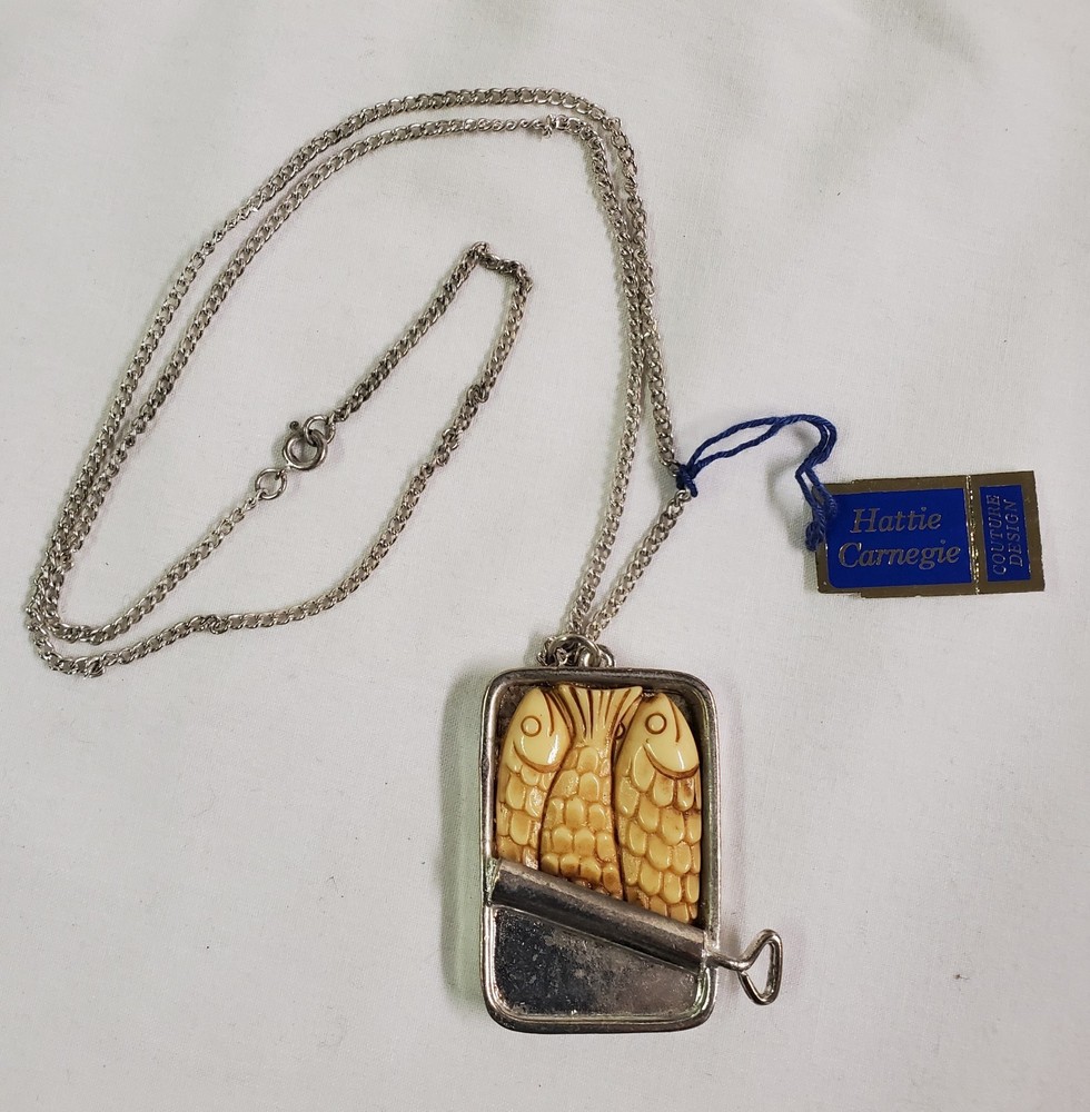 Hattie Carnegie Vintage Sardine Fish Can Pendant Necklace NOS New