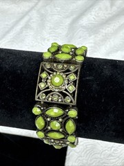 Vintage Green Faceted Cabochon & AB Rhinestones Ornate Stretch Bracelet