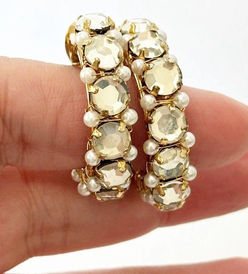 Vintage Rhinestone Hoop Earrings Gold Tone Clip-On Glamorous Retro