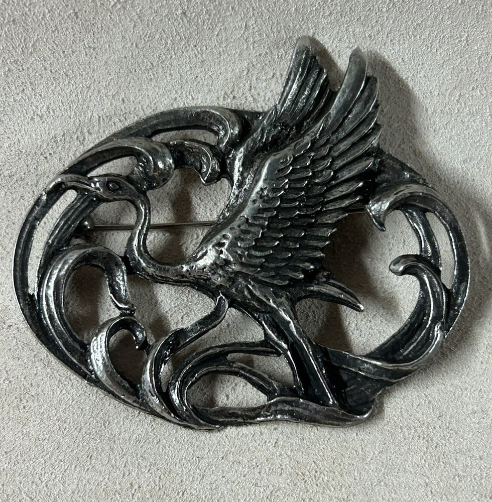 Antique Vintage Silver Tone Crane Bird Brooch