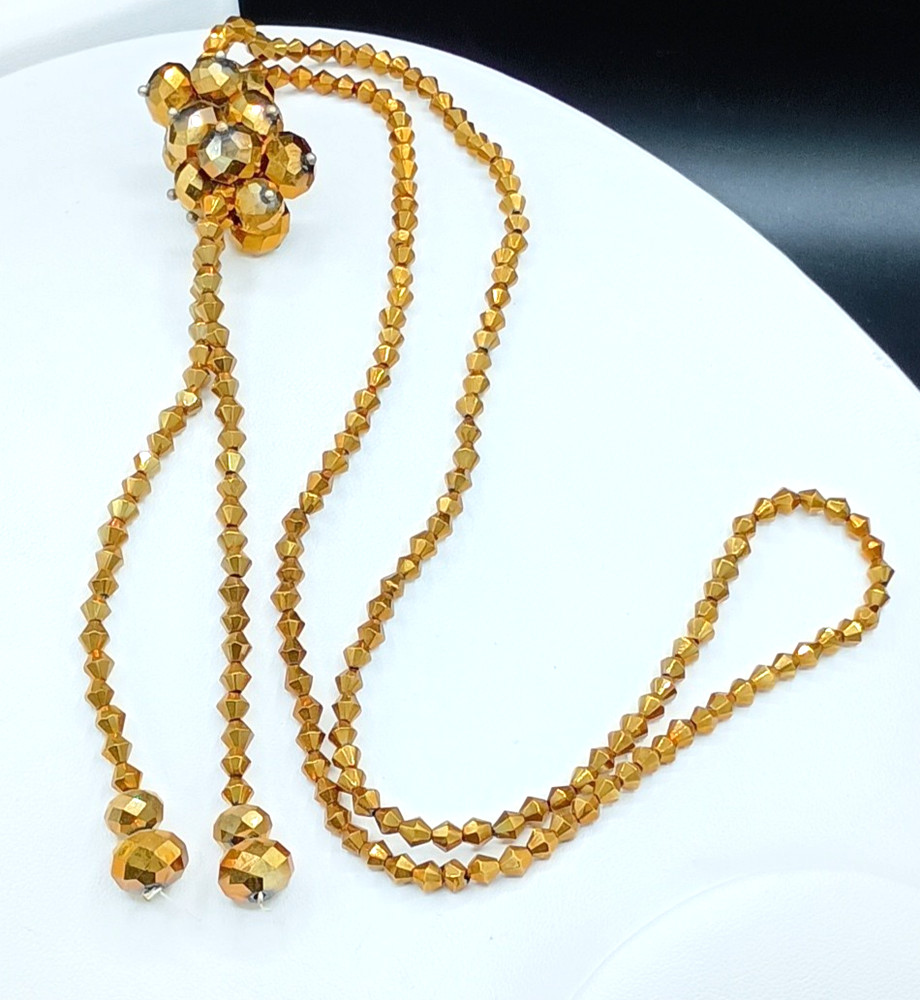 Vintage Lariat Tassel Necklace Beaded Gold Tone Faceted Bicone Sparkle Bow 29″