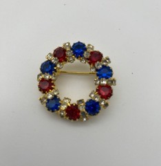 Wreath Circle Ruby Red, Blue & Rhinestone Gold Tone Brooch