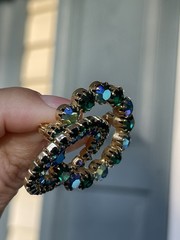 Vintage AB Green Blue Crystals Rhinestones Brooch 2 Circles Wreaths