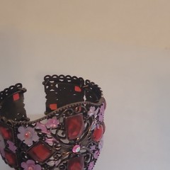 Vintage Style Wide Cuff Bracelet Bronze Tone Red Rhinestones Pink Floral