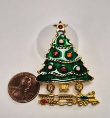 Vintage 80’s Gold Tone & Enamel Christmas Tree W/ Dangle Toy Train Pin / Brooch
