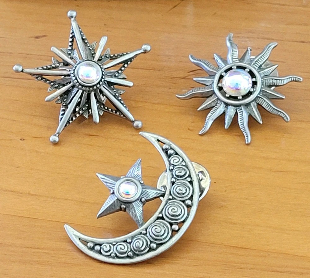 Vintage JJ Pewter Sun Moon Star Brooch Pin Lot 3pc Celestial Whimsigoth