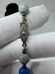 Vintage Blue Stone Frosted Sea Glass Bead Necklace Asian Box Clasp 24″