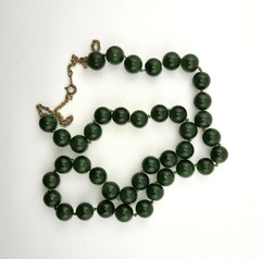 Vintage Necklace Green Serpentine Gemstone 10mm Beads Knotted Gold Tone 24″