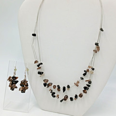 VTG 925 ATI Necklace Earrings Set 20in Smoky Quartz Black Onyx Chip Beads READ