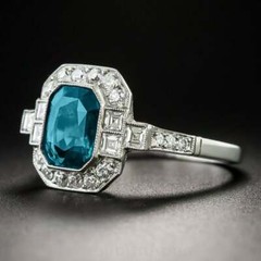 Art Deco Blue Topaz & Lab-Created Diamond Halo Wedding 14K White Gold FN Ring