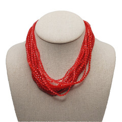 Vintage Red Multi Strand Plastic Square Beaded Solid & Clear Bead Necklace 48 In