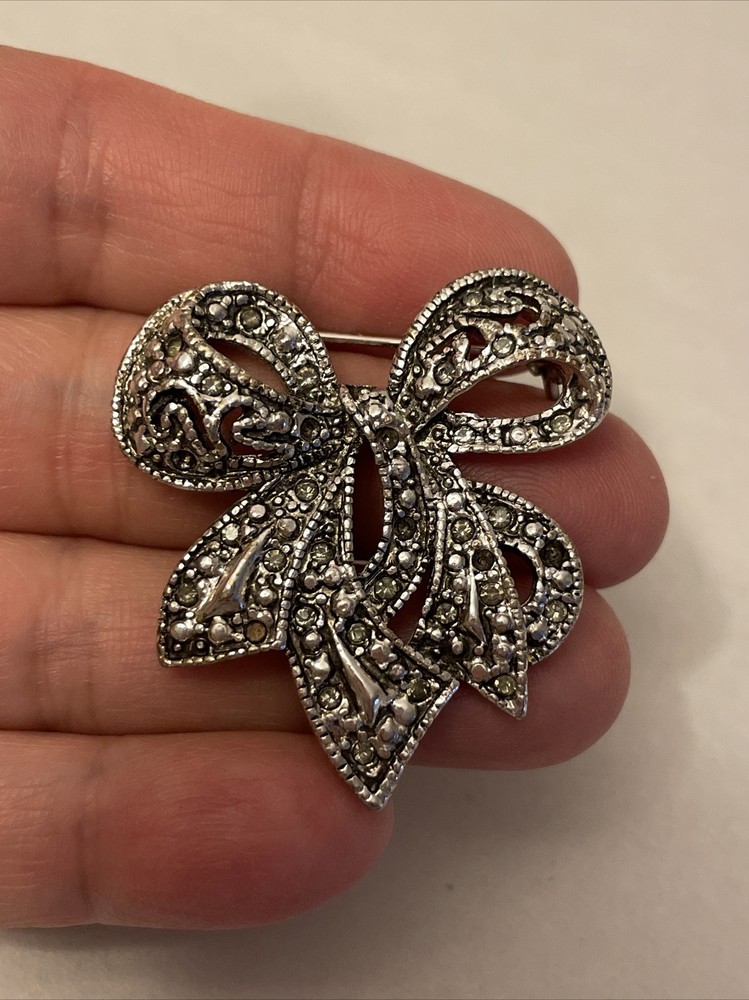 Marcasite Dark Tone Silver Bow Brooch
