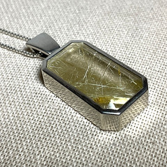 Vtg Golden Straw Rutilated Quartz Pendant Sterling Silver Necklace Box Chain 24”