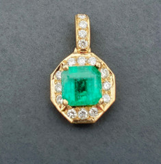 Original EARTH MINED Colombian EMERALD DIAMOND Pendant Deco Halo SOLID 18K GOLD