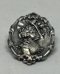 Art Nouveau Silver Plated Pewter Lady In The Hat Brooch Pin