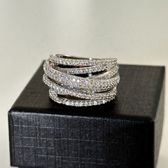 Ladies Clear CZ Multi Row Free Form Wrap Silver Tone Statement Ring Size 6