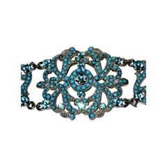 VCLM Victorian Filigree Silver Turquoise Crystal Wide Statement Bracelet