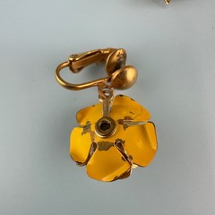 Vintage Yellow Enamel Flower Brooch Dangle Earrings Set Gold Tone Cabbage Rose