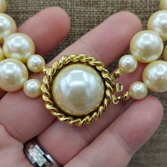 CAROL LEE Faux Chunky Pearl Double Strand Choker Necklace Pendant Gold Toned 30″
